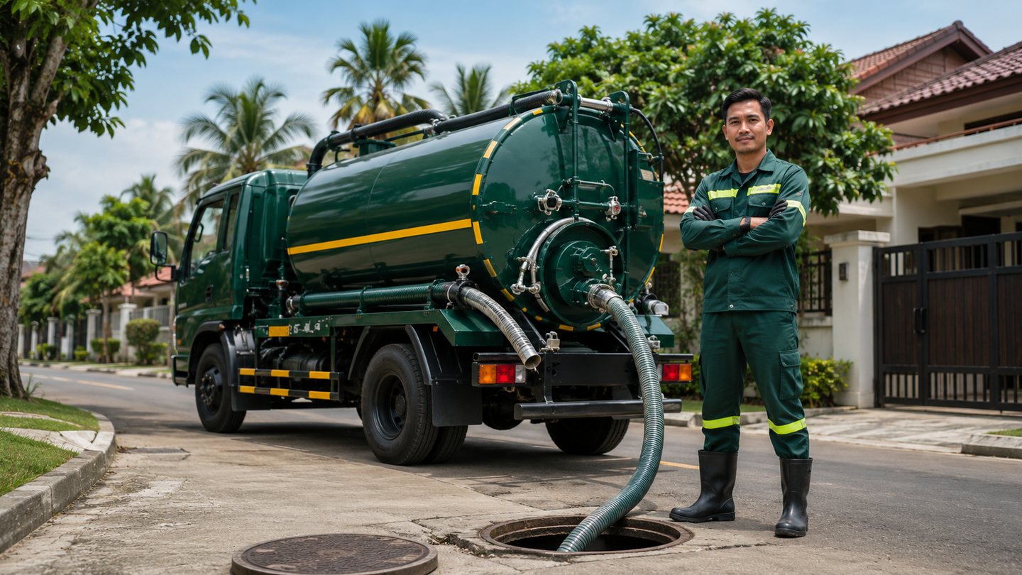 Armada dan teknisi jasa sedot WC Kuningan sedang menangani septic tank di area perumahan